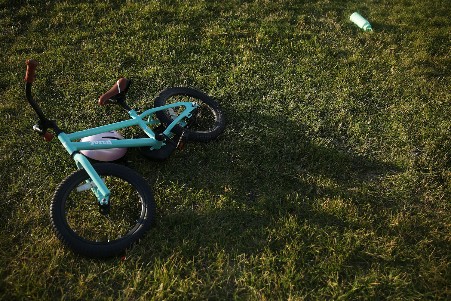 A bike and water bottle lay strewn on the hill waiting for its owner